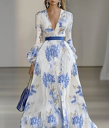 economico -Per donna Abito maxi Abito a trapezio Abito aderente e svasato Casual All'aperto Uscire Vestibilità regolare Floreale Manica Lunga Scollo a V Blu Estate