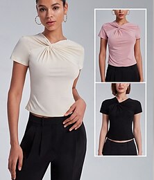 economico -Per donna Tinta unica Lavoro Sport & Outdoor Abbigliamento Quotidiano Ad aletta Nero Rosa Beige Attorcigliato Slim Fit Manica Corta Moda Casual Quotidiano Abbigliamento Quotidiano Scollo a V Primavera