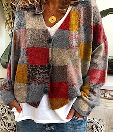 economico -Per donna Felpa Cardigan Moda Streetwear Casual Grafico Geometrico Plaid Scollo a V Bottoni Lavorato a maglia Stampato Manica Lunga Top Regolari Maglia All'aperto Quotidiano Weekend Nero Rosso