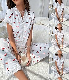 billiga -Dam Pyjamas set Ledigt Komfort Blommig Fjäril Lappverk Elastisk midja Skjorta Byxa Hem Dagligen Kortärmad V-hals Ljusrosa Vit Rodnande Rosa Rubinrött Sommar Vår Normal