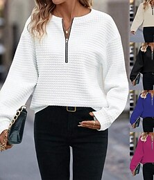 abordables -Mujer Blusa Color sólido Elegante Casual Manga Larga Cuello Barco Tops regulares Diario Cremallera Negro Blanco Azul Piscina Fucsia Albaricoque Primavera Otoño