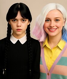 economico -Perucconi di Mercoledì Addams Parrucca Lunga Nera Intrecciata Carina Capelli Naturali Morbidi con Cappello per Parrucca Intrecci Cotoni Sintetici per Festa Cosplay Perucconi di Halloween