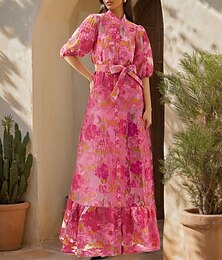 abordables -Vestido de Noche A-Line Jacquard Floral Rosa Vestido de Camisa Formal Boda Longitud de Suelo Manga Corta Manga Burbuja Camisa Cuello Organza con Volantes