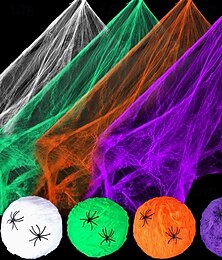 abordables -Toiles d'araignées d'Halloween 1200 pieds carrés avec 30 fausses araignées Décorations colorées pour fêtes d'Halloween, intérieures et extérieures Toiles d'araignées extensibles colorées pour