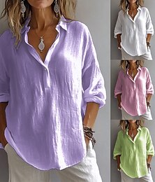 economico -Per donna Camicie di cotone e lino Tinta unica Essenziale Casual Manica Lunga Colletto a Camicia Top Regolari Quotidiano Bottoni Bianco Rosa Viola Verde Estate