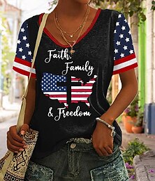 abordables -T-shirt patriotique pour femmes graphique drapeau vintage élégant classique à manches courtes col en V haut régulier quotidien imprimé noir blanc rouge bleu marine été printemps