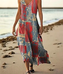 abordables -Femmes Robe Longue Maxi Robe Robe Décontractée Robe débardeur Robe d'été ancien africain Quotidien Fête Plage Coupe régulière Fleuri Bloc de Couleur Sans manches Col en V Rouge bleu marine Violet Vert