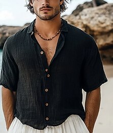 economico -Per uomo Camicia Camicia di lino Camicia casual Camicia con Bottoni Camicia di cotone Semplice Vacanza Camicia hawaiana Nero Manica Corta Bavero Estate Primavera Abbigliamento