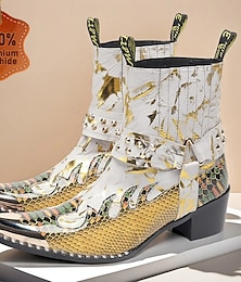 economico -stivali western da uomo in pelle bianca e oro con motivo floreale e chiusura a cerniera - stivali alla moda per abbigliamento casual e da festival