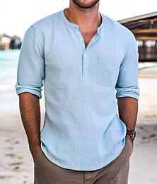 economico -Per uomo Camicia Camicia di lino Camicia Estiva Camicia da Spiaggia Tinta unica Vacanza Casuale Nero Rosa Verde Azzurro Manica Lunga Henley Abbigliamento