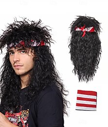 abordables -Perruque homme années 80, perruque cosplay rocker noire longue et bouclée pour Halloween (perruques uniquement)