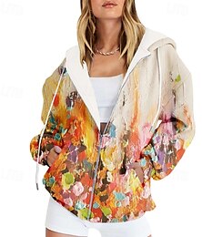 abordables -Mujer Chaqueta casual Cómodo Bolsillo Estampado Deportes Moda Exterior Flor Casual Diario Fin de semana Cremallera Regular Con Capucha Ajuste regular Manga Larga Ropa de calle Azul Piscina Azul cielo