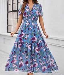 economico -Per donna Abito Midi Abito Floreale Abito Stampato Classico Moderno All'aperto Vacanza Ferie Vestibilità regolare Fiore Manica Corta Scollo a V Nero Blu Reale Arancione Estate