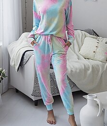billiga -Dam Pyjamas set Ledigt Komfort Knytbatik Elastisk midja T-shirt Byxa Hem Dagligen Långärmad Rund hals Rodnande Rosa Blå Grön Regnbåge Grå Sommar Vår Höst Normal