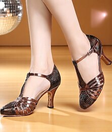 abordables -Chaussures de danse latine à talons en bronze pour femmes, avec bride en T - Chaussures de salon professionnelles à imprimé serpent brillant pour la salsa, la rumba et les spectacles