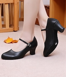 abordables -Chaussures de danse de caractère noires à talon bas pour femmes avec bride à la cheville - chaussures de performance sur scène professionnelles pour la pratique latine, le jazz et la salle de bal