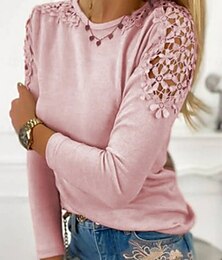 economico -Per donna Camicia di Pizzo Tinta unica Elegante Casual Manica Lunga Girocollo Top Regolari Quotidiano Pizzo Patchwork Nero Rosa Blu Grigio Estate