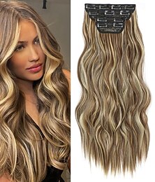 baratos -Clip in extensões de cabelo extensões de cabelo longo ondulado 4 peças castanho médio com mechas loiras clip ins para mulheres grossas &apliques de cabelo sintético para cabeça inteira