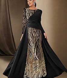 abordables -Robe de soirée cravate noire sirène  trompette robe pailletée élégante formelle mariage longueur de sol manches longues décolleté bateau satin avec plis