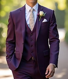 preiswerte -Herren Hochzeit Party-Abendmode Anzüge Traube Dunkelgrau Mode Formell Einfarbig Standard Passform 3-teilig Einreihige Zwei-Knopf-Jacke
