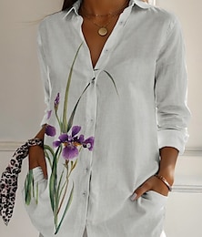 economico -Per donna Camicie ispirate al lino Floreale Attivo Quotidiano Elegante Manica Lunga Colletto a Camicia Top Regolari Quotidiano Ferie Bottoni Stampato Bianco Primavera Autunno