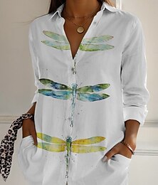 economico -Per donna Camicie ispirate al lino Libellula Attivo Quotidiano Elegante Manica Lunga Colletto a Camicia Top Regolari Quotidiano Ferie Bottoni Stampato Bianco Blu Viola Verde Primavera Autunno
