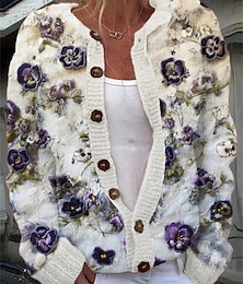 abordables -Femmes Pull Cardigan Élégant Mode Streetwear Fleuri Col ras du cou Avec Poches Tricoté Imprimé manche longue Hauts Réguliers Tricoter Extérieur Quotidien Week-end Blanche Bleu Automne Hiver
