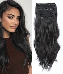abordables -Lot de 4 extensions de cheveux à clipser, cheveux noirs de 20 pouces, cheveux longs et ondulés, postiche synthétique épais pour femmes