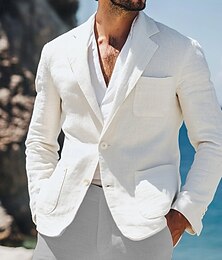 billiga -Herr Linne blazer Sportrock Ledigt Dagligen Semester Mode Sommar Vår Linne Bomull och linne Ensfärgat Bekväm Enkelknäppt med Två Knapphål Blazer Vit Beige