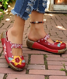 preiswerte -Damen-Slipper-Clogs aus lila geblümtem Leder mit 3D-Blumenapplikation – bequeme Vintage-Schuhe im Bohème-Stil für die Freizeit, Gartenarbeit und Reisen