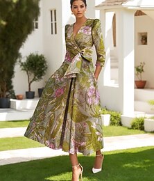 preiswerte -grünes Jacquardkleid A-Linie Cocktailkleid elegantes Kleid formelle Hochzeitsgäste bodenlang lange Ärmel V-Ausschnitt Tasche Nylon mit Schleife(n) Schlitztasche 2025