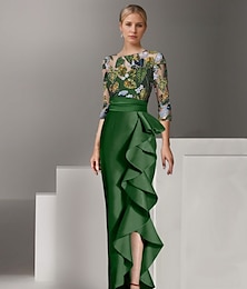 abordables -Vestido de gala columnar elegante verde amarillo con volantes de hojas bordadas formal largo hasta el suelo con mangas de medio largo cuello ilusión de satén