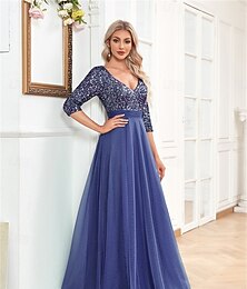 levne -Šaty ve tvaru A-čáry Quinceanera Elegantní šaty Formální svatba Délka k podlaze Poloviční rukáv V výstřih Tyl s flitry