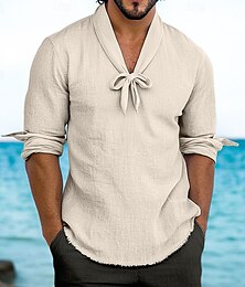 preiswerte -Herren Hemd Leinenhemd Wikinger-Stil Sommerhemd Strandhemd Einfarbig Urlaub Lässig Schwarz Rosa Khaki Leicht Blau Langarm Gerollter Kragen Frühling & Sommer Bekleidung Kordelzug