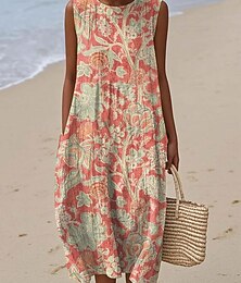 abordables -Femmes Robe Midi Robe d'Été Robe fourreau Robe trapèze Vacances Occasionnel Boho Soirée Sortir Plage Coupe Ample Fleuri Graphique Sans manches Col Rond Bleu Ciel Blanc et Violet Rose Claire Bleu Ét