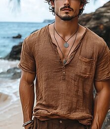 preiswerte -Herren T Shirt Henley Hemd T-Shirt Kurzarmshirt Kurzarm Henley Sommer Einfarbig Bohemien Vintage Lässig Knöpfe Tasche Urlaub Straße Alltagstauglich Braun Top T-Shirt für Herren
