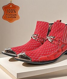 abordables -Botas de tobillo de cuero con costuras rojas y blancas para hombres con detalle de hebilla de punta dorada calzado de inspiración retro occidental para fiestas y ocasiones especiales