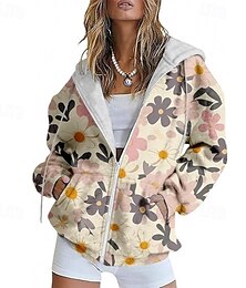 voordelige -Dames Vrijetijdsjas Comfortabel Zak Afdrukken Sport Modieus Buiten Bloem Casual / Dagelijks Weekend Rits Normaal Capuchon Normale pasvorm Lange mouw bovenkleding Wit Geel Blozend Roze Lente Herfst