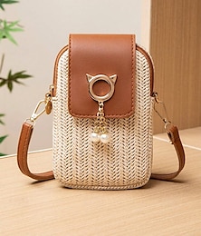 abordables -Sac bandoulière en paille pour téléphone portable avec pendentif oreilles de chat – Mini sac à main tissé mignon, style décontracté d'été, petit sac à bandoulière pour adolescentes et femmes, idéal pour la plage, les vacances et les sorties quotidiennes