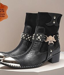 levne -Pánské černé kožené kotníkové boty s cvočky a kovovými špičkami - stylové westernové boty pro formální i neformální příležitosti