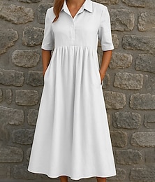 abordables -Femmes Robe Longue Maxi Robe Robe Décontractée Élégant Quotidien Date Coupe Ample Couleur Unie Demi Manches Col de chemise Corail Blanche Bleu Vert Été