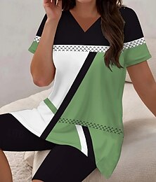 abordables -Femmes Mode T-shirt Ensembles de Shorts Manche Courte Col en V Fleuri Graphique Léopard Imprimé Décontracté Quotidien Noir Dorée Vert Été Coupe régulière