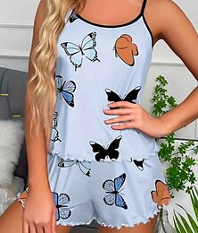billiga -Dam Pyjamas set Ledigt Komfort Fjäril Elastisk midja Strap Top Shorts Hem Dagligen Långärmad remmar Rodnande Rosa Blå Beige Sommar Normal