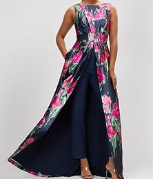 preiswerte -Jumpsuits Brautmutter A-Linie Abendkleid Elegantes Kleid Formale Hochzeitsgast Bodenlänge Ärmellos Boot Ausschnitt Satin mit Blumendruck Tasche