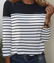 abordables -Mujer Camiseta A Rayas Básico Manga Larga Escote Redondo Tops regulares Diario Fin de semana Estampado Negro Blanco Rojo Azul Piscina Gris Otoño invierno