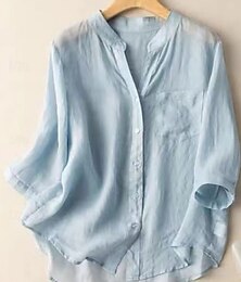 economico -Per donna Camicie di cotone e lino Tinta unica Essenziale Casual Manica Lunga Scollo a V Top Regolari Quotidiano Tasca Bottoni Bianco Blu marino Azzurro Estate