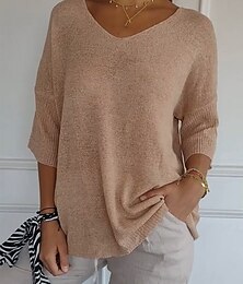 economico -Per donna Blusa Tinta unica Essenziale Casual Manica 3/4 Scollo a V Top Regolari Quotidiano Nero Giallo Rosso Verde Albicocca Autunno Inverno