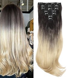 economico -Extension con clip, 6 pezzi, 20 pollici - capelli sintetici con effetto sfumato da nero a biondo decolorato, con clip rimovibili senza cuciture, per donne, look naturale per tutti i giorni &uso per