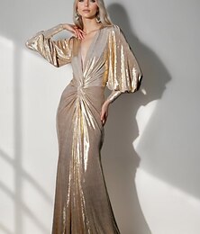 preiswerte -goldenes Abendkleid im Meerjungfrauen-/Trompeten-Stil, elegantes Kleid für formelle Hochzeiten, bodenlange, lange Puffärmel, tiefer Ausschnitt, Stretch-Lurexstoff mit Rüschen, 2025