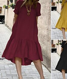 levne -Dámské Midi šaty Volnočasové šaty Šaty Peplum Klasické Moderní Venkovní Dovolená Denní Běžný Bez vzoru Krátký rukáv Tričkový Černá Žlutá Fialová Léto